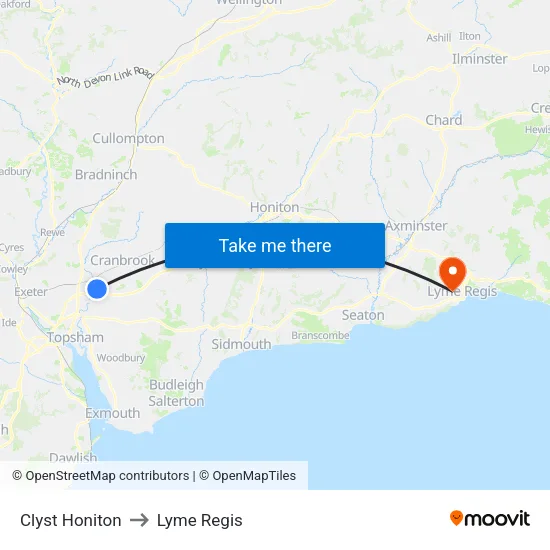 Clyst Honiton to Lyme Regis map