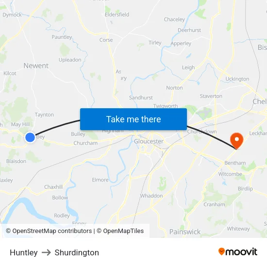 Huntley to Shurdington map