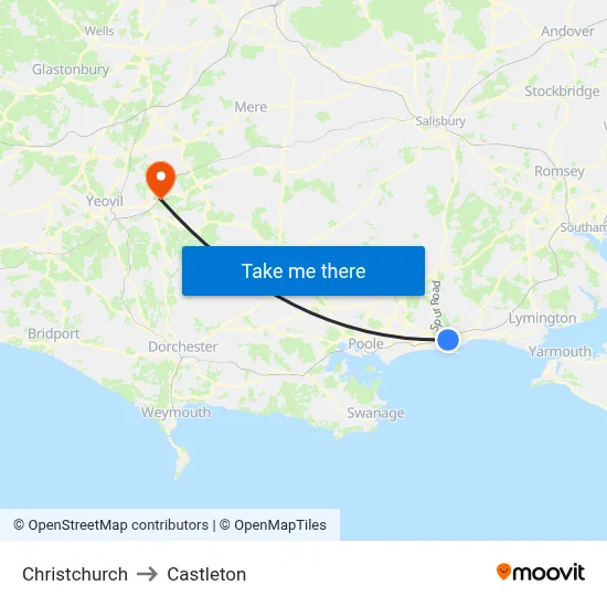 Christchurch to Castleton map