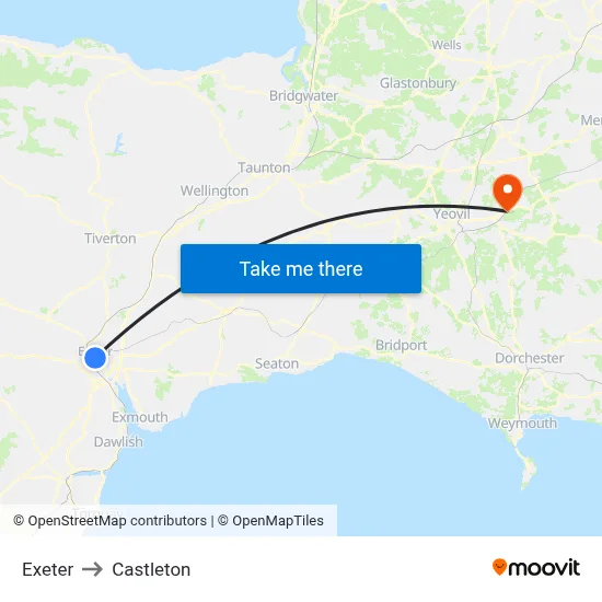 Exeter to Castleton map