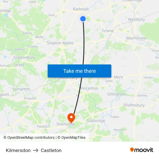 Kilmersdon to Castleton map