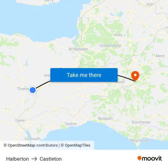 Halberton to Castleton map