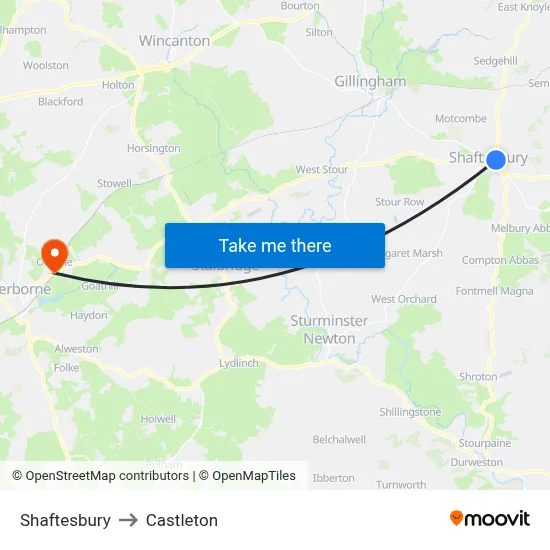 Shaftesbury to Castleton map