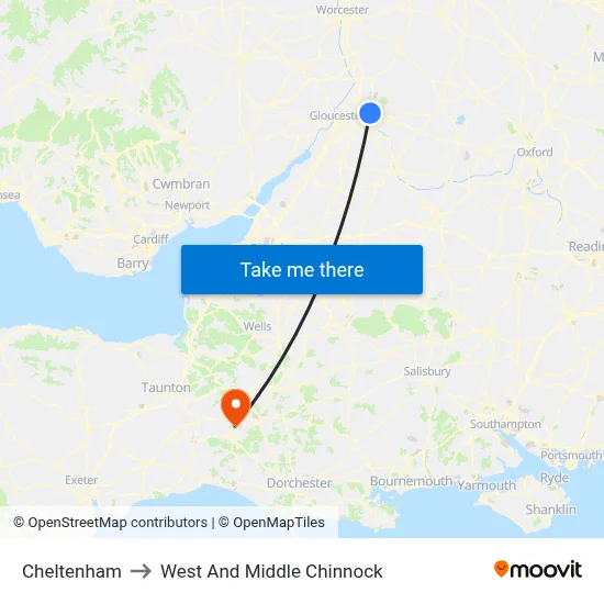 Cheltenham to West And Middle Chinnock map