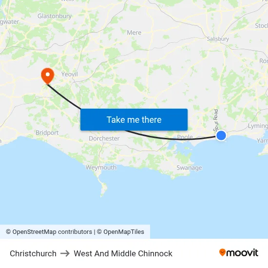 Christchurch to West And Middle Chinnock map