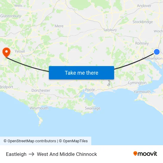 Eastleigh to West And Middle Chinnock map