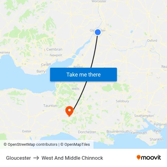 Gloucester to West And Middle Chinnock map