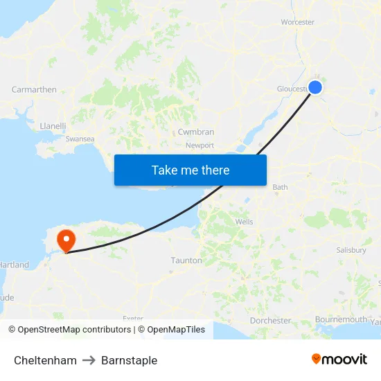 Cheltenham to Barnstaple map