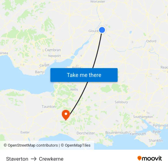 Staverton to Crewkerne map
