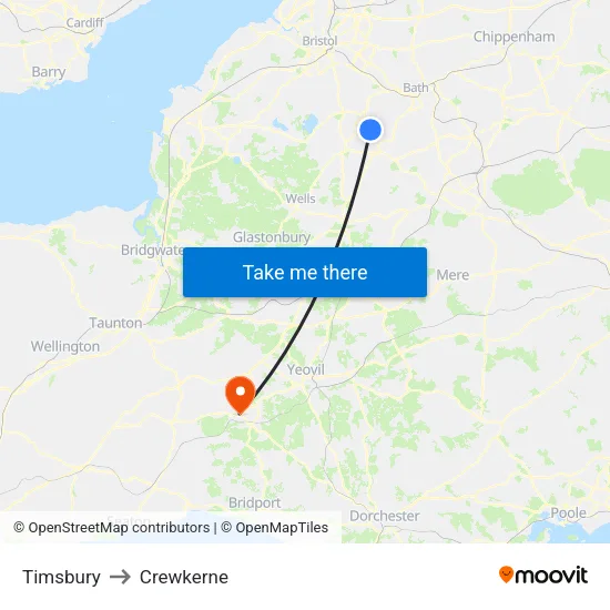 Timsbury to Crewkerne map