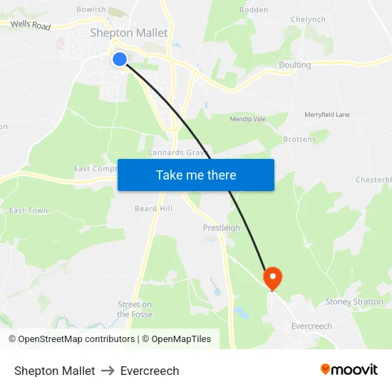 Shepton Mallet to Evercreech map