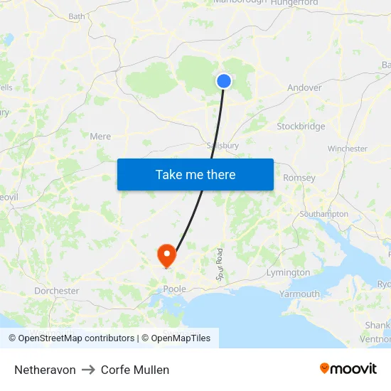 Netheravon to Corfe Mullen map