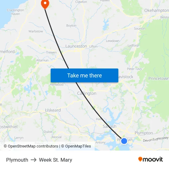 Plymouth to Week St. Mary map