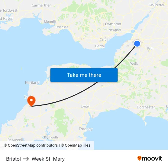 Bristol to Week St. Mary map