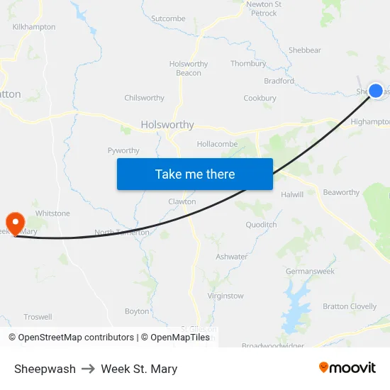 Sheepwash to Week St. Mary map