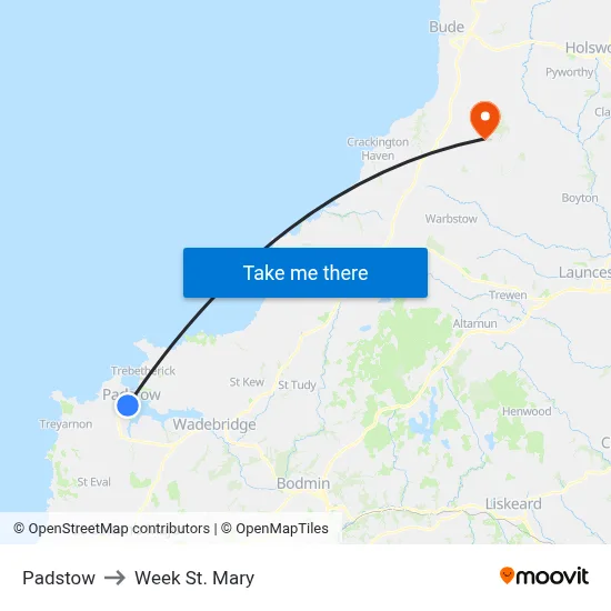 Padstow to Week St. Mary map