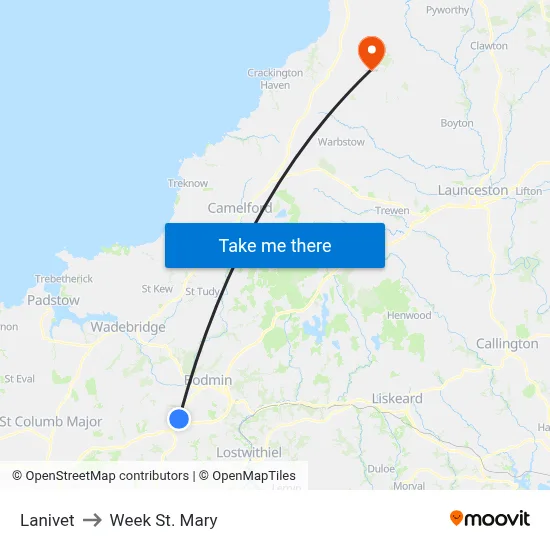 Lanivet to Week St. Mary map