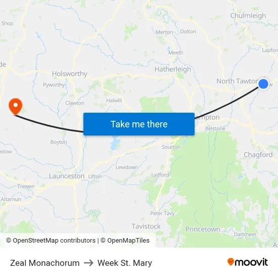 Zeal Monachorum to Week St. Mary map