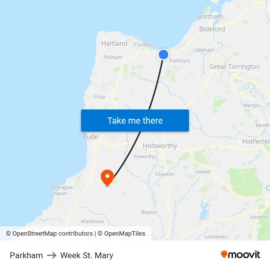 Parkham to Week St. Mary map