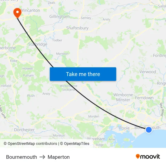 Bournemouth to Maperton map
