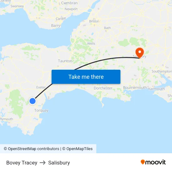 Bovey Tracey to Salisbury map