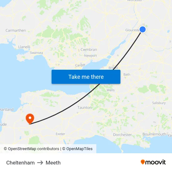 Cheltenham to Meeth map