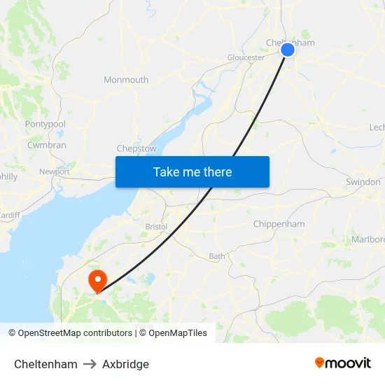 Cheltenham to Axbridge map