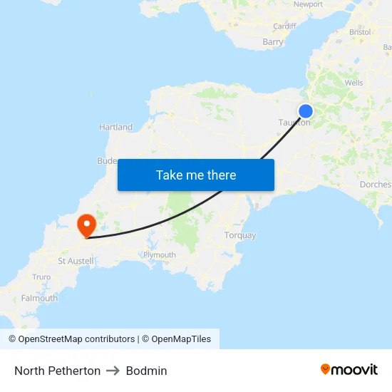 North Petherton to Bodmin map