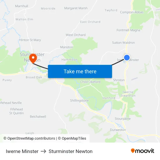 Iwerne Minster to Sturminster Newton map