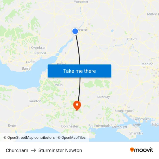 Churcham to Sturminster Newton map
