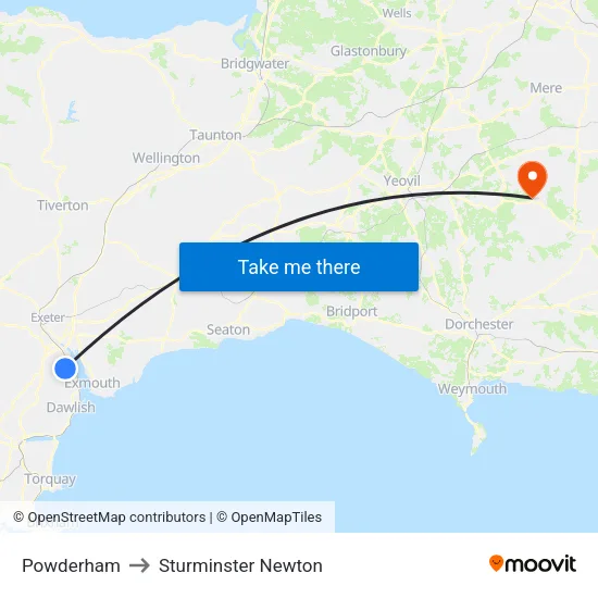 Powderham to Sturminster Newton map