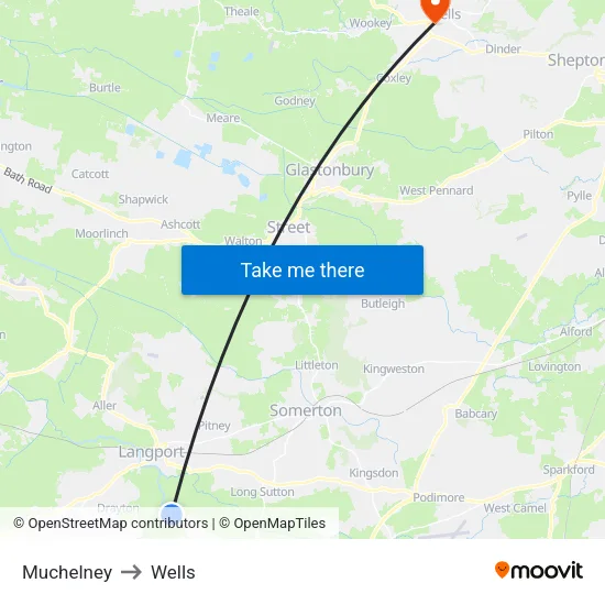 Muchelney to Wells map