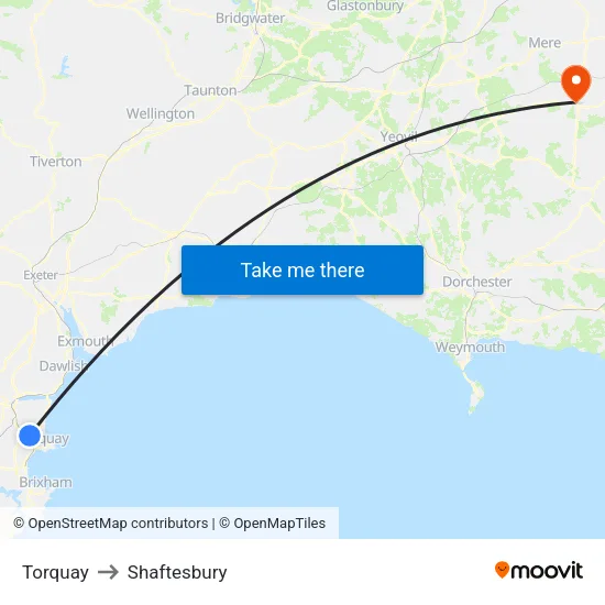 Torquay to Shaftesbury map