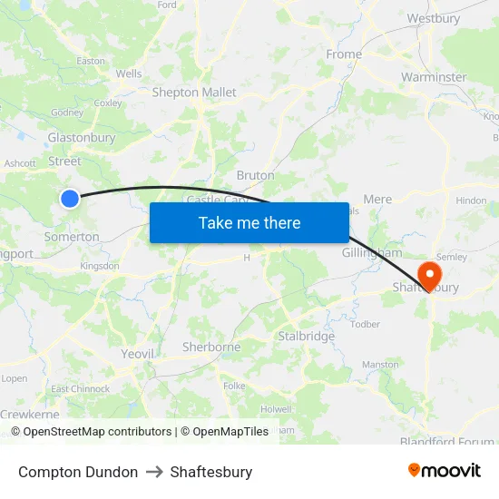 Compton Dundon to Shaftesbury map