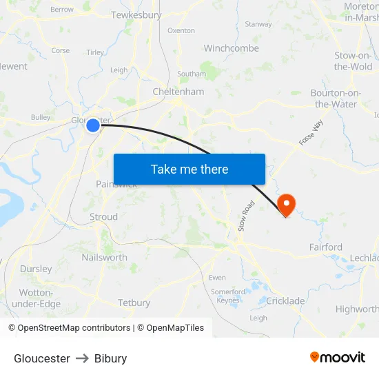 Gloucester to Bibury map