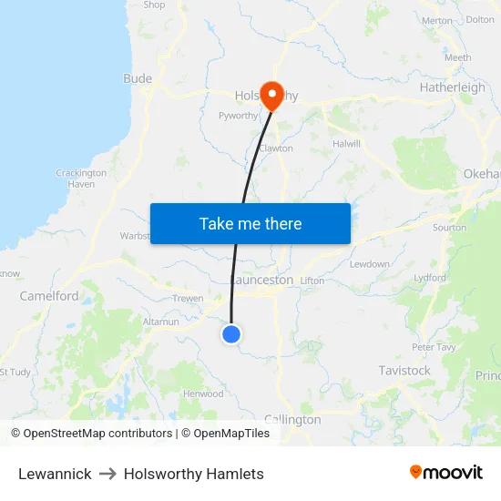 Lewannick to Holsworthy Hamlets map