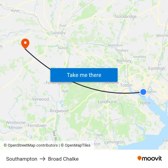 Southampton to Broad Chalke map