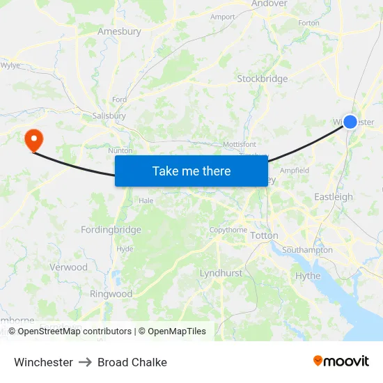 Winchester to Broad Chalke map