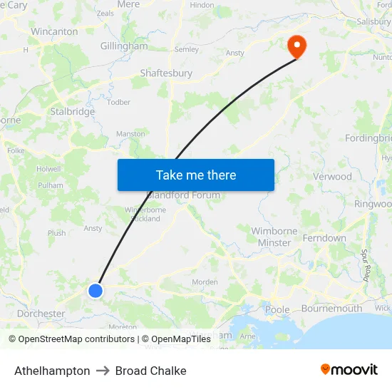Athelhampton to Broad Chalke map