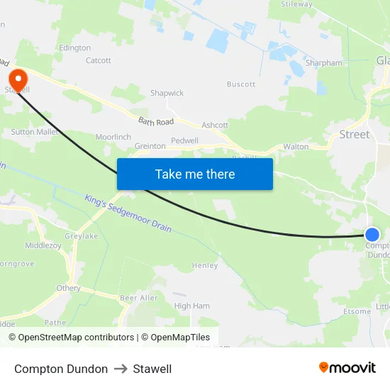 Compton Dundon to Stawell map