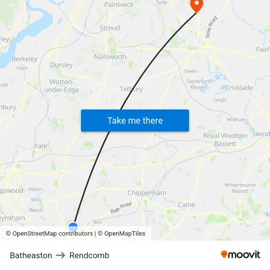 Batheaston to Rendcomb map