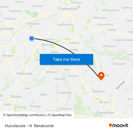 Hucclecote to Rendcomb map