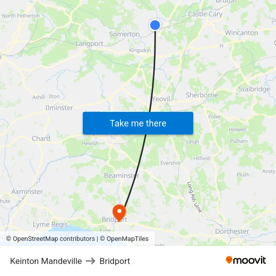 Keinton Mandeville to Bridport map