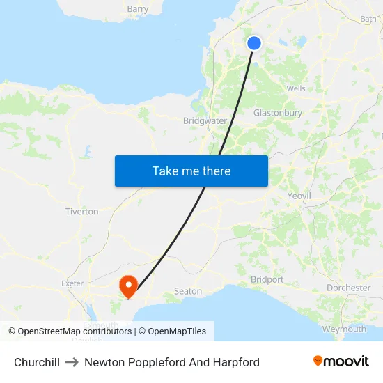 Churchill to Newton Poppleford And Harpford map