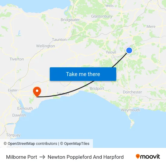 Milborne Port to Newton Poppleford And Harpford map