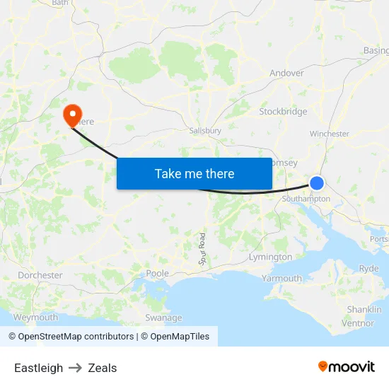Eastleigh to Zeals map