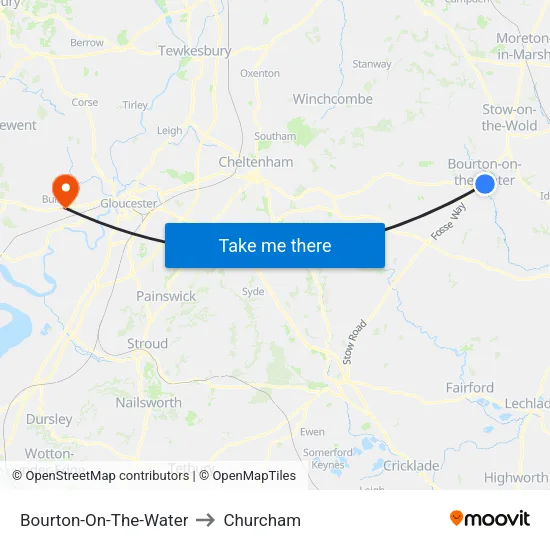 Bourton-On-The-Water to Churcham map