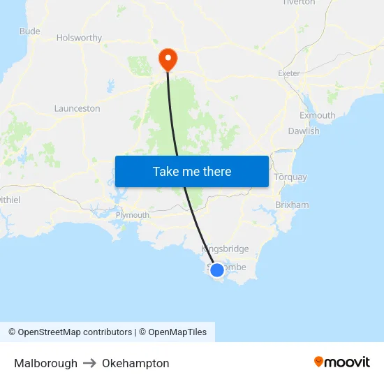 Malborough to Okehampton map