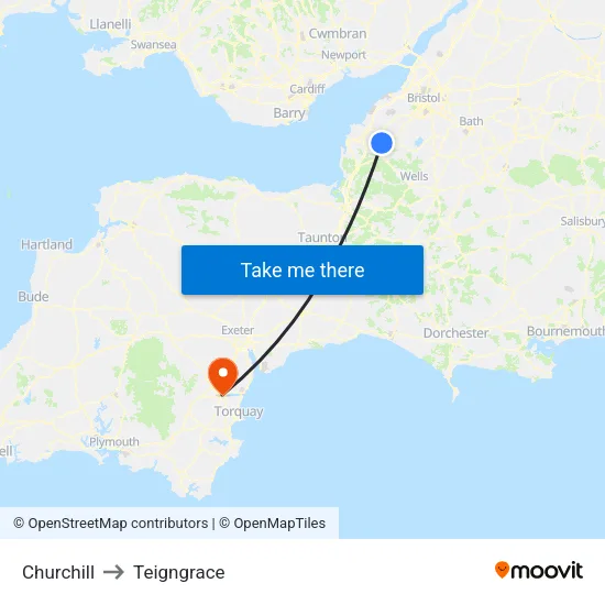 Churchill to Teigngrace map