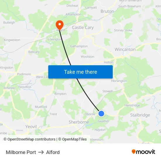 Milborne Port to Alford map